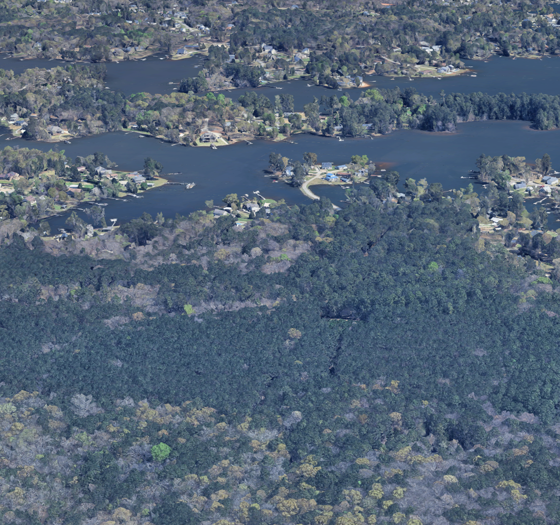 Aerial view of a residential neighborhood with houses, roads, and multiple lakes surrounded by dense trees and forested areas.