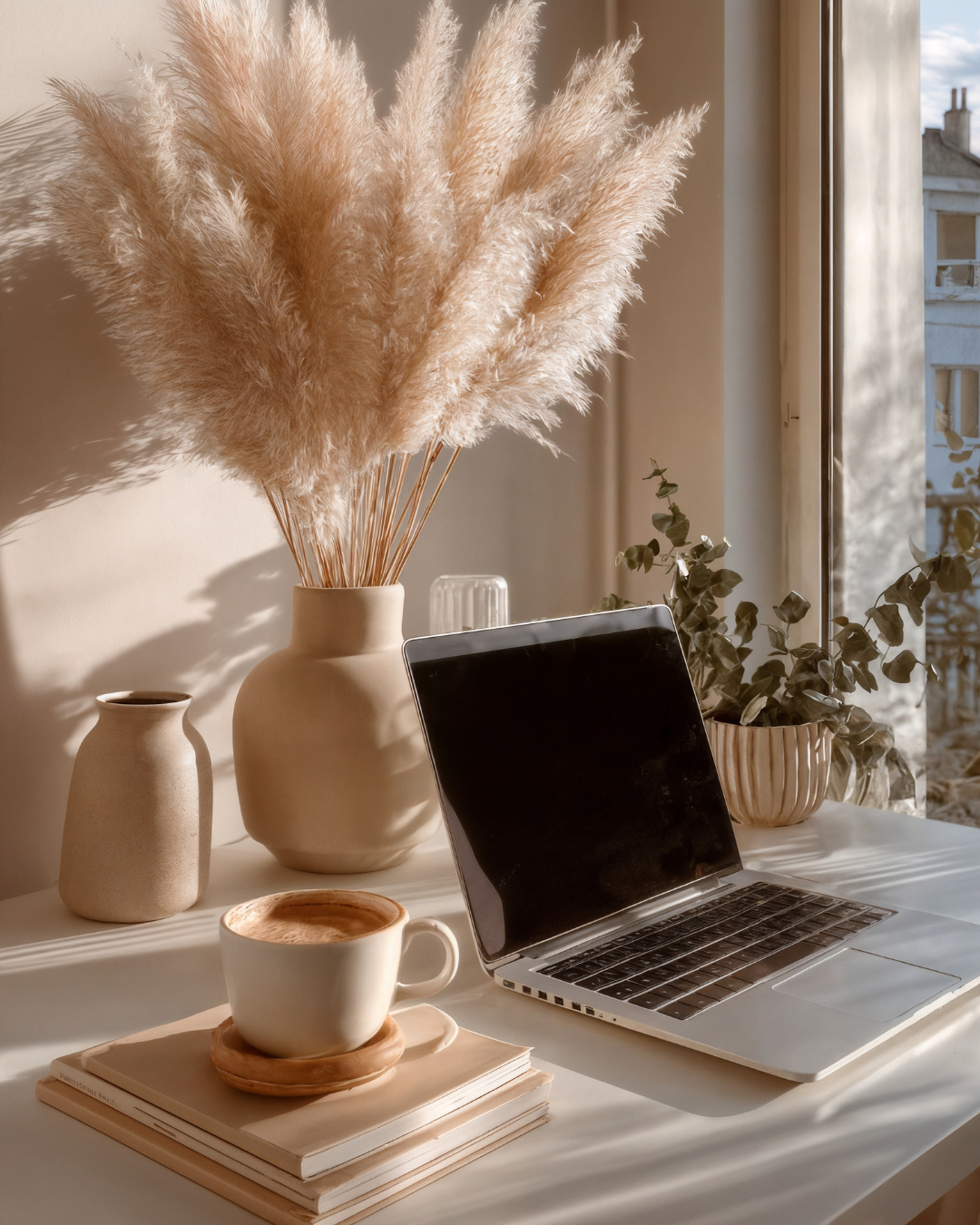 A cozy workspace with a MacBook laptop, a cup of coffee on a stack of notebooks, and decorative vases with dried pampas grass and a potted plant near a window with sunlight streaming in.