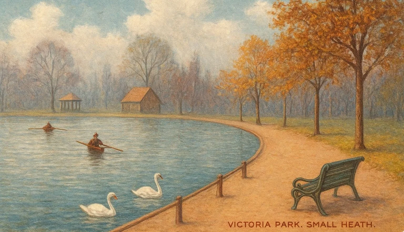 Painting of Victoria Park in Small Heath, featuring two swans in a pond, rowboats with two people, a pathway lined with trees, and small pavilion structures in the background.