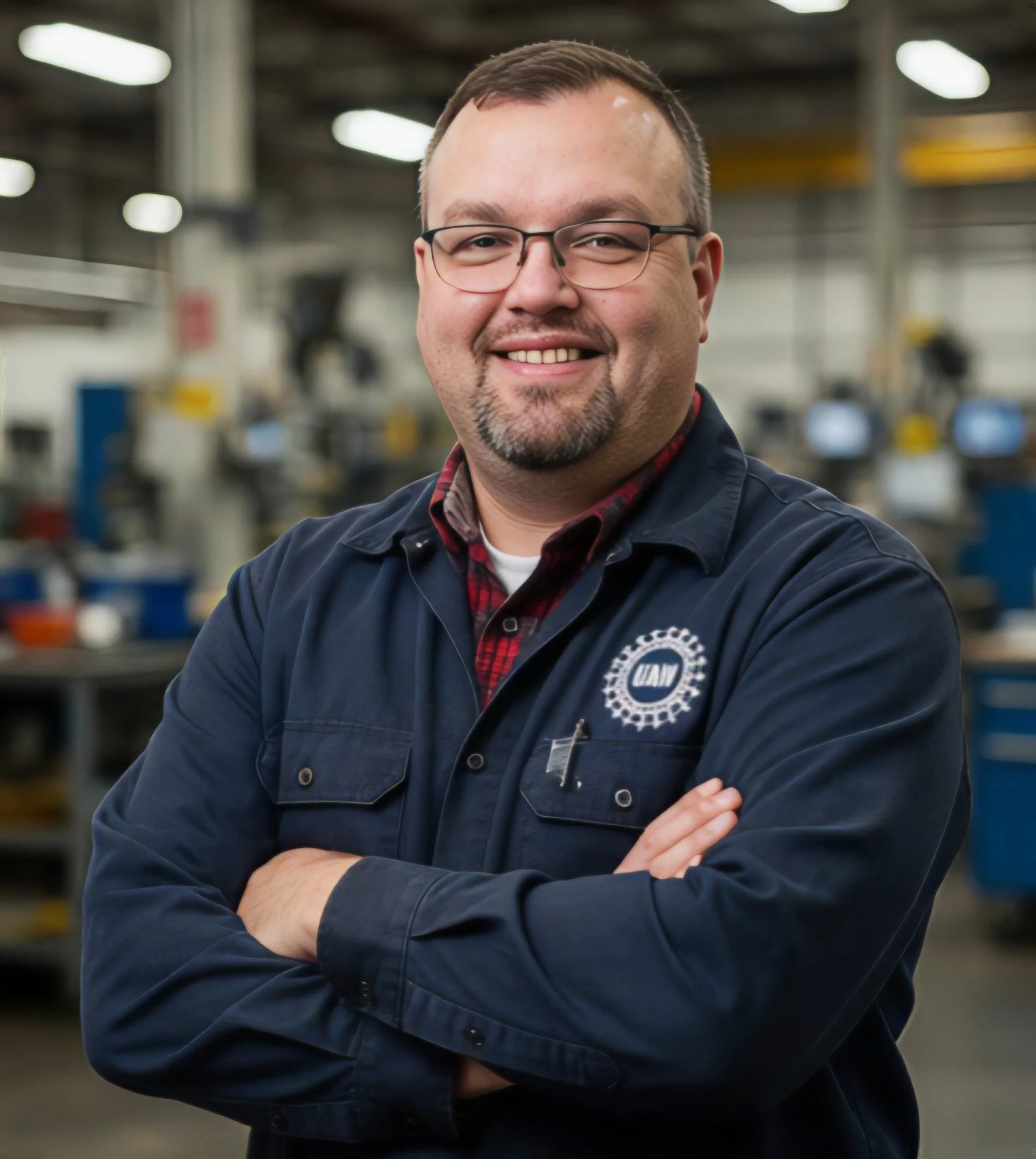A man smiling with glasses, wearing a dark uniform with a logo, standing in a factory or industrial setting with shelves and equipment in the background.