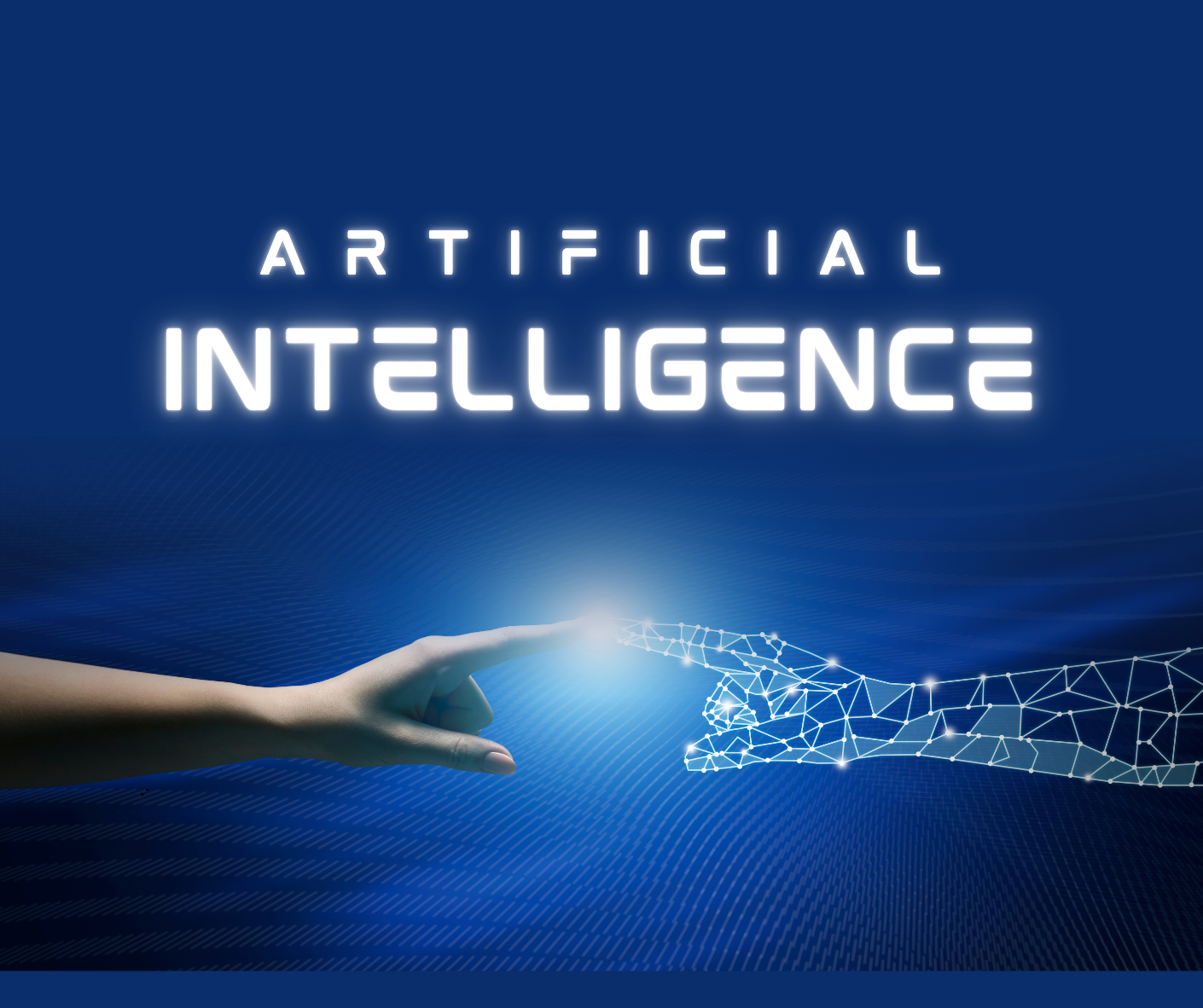Digital illustration with a blue background, showing two hands reaching out to touch each other, one human and one digital, symbolizing artificial intelligence connection. Text reads 'Artificial Intelligence' in glowing white letters.