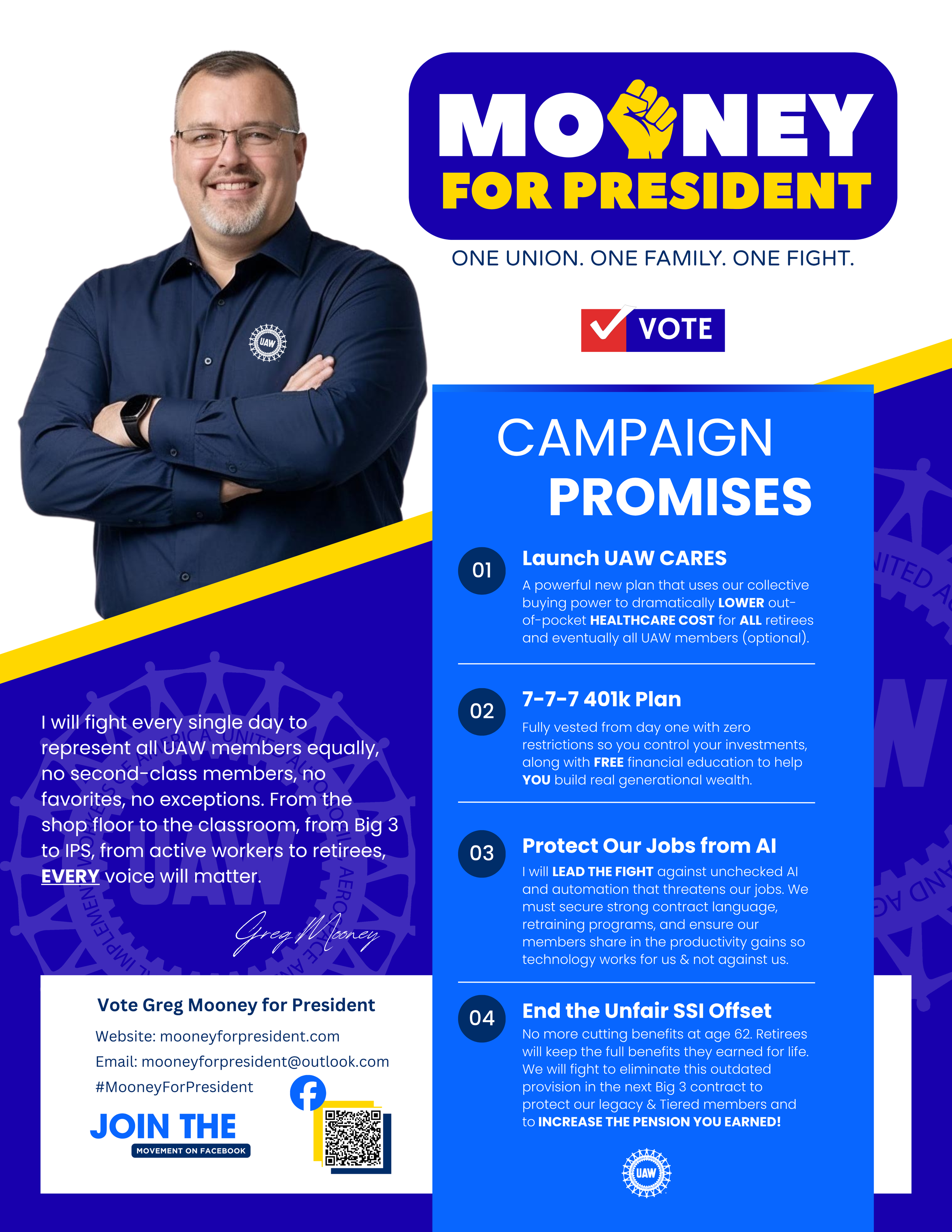 A campaign flyer showing a man smiling with glasses, wearing a blue shirt with a UAW logo, arms crossed, standing next to text about supporting Greg Mooney's presidential campaign for UAW. The flyer has slogans like "Money for President," "One Union, One Family, One Fight," and details about campaign promises, benefits, and contact information, with red, white, blue, and yellow colors.