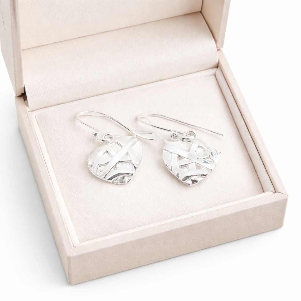 Engraved Heart Sterling Silver Dangle Earrings