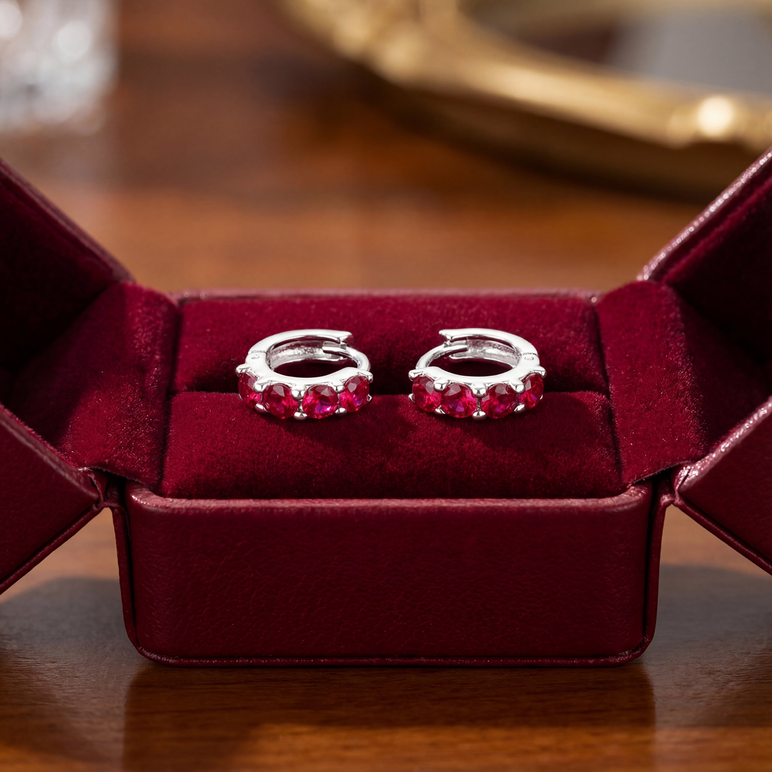 Sterling Silver Hoop Earrings with Ruby Coloured stones
