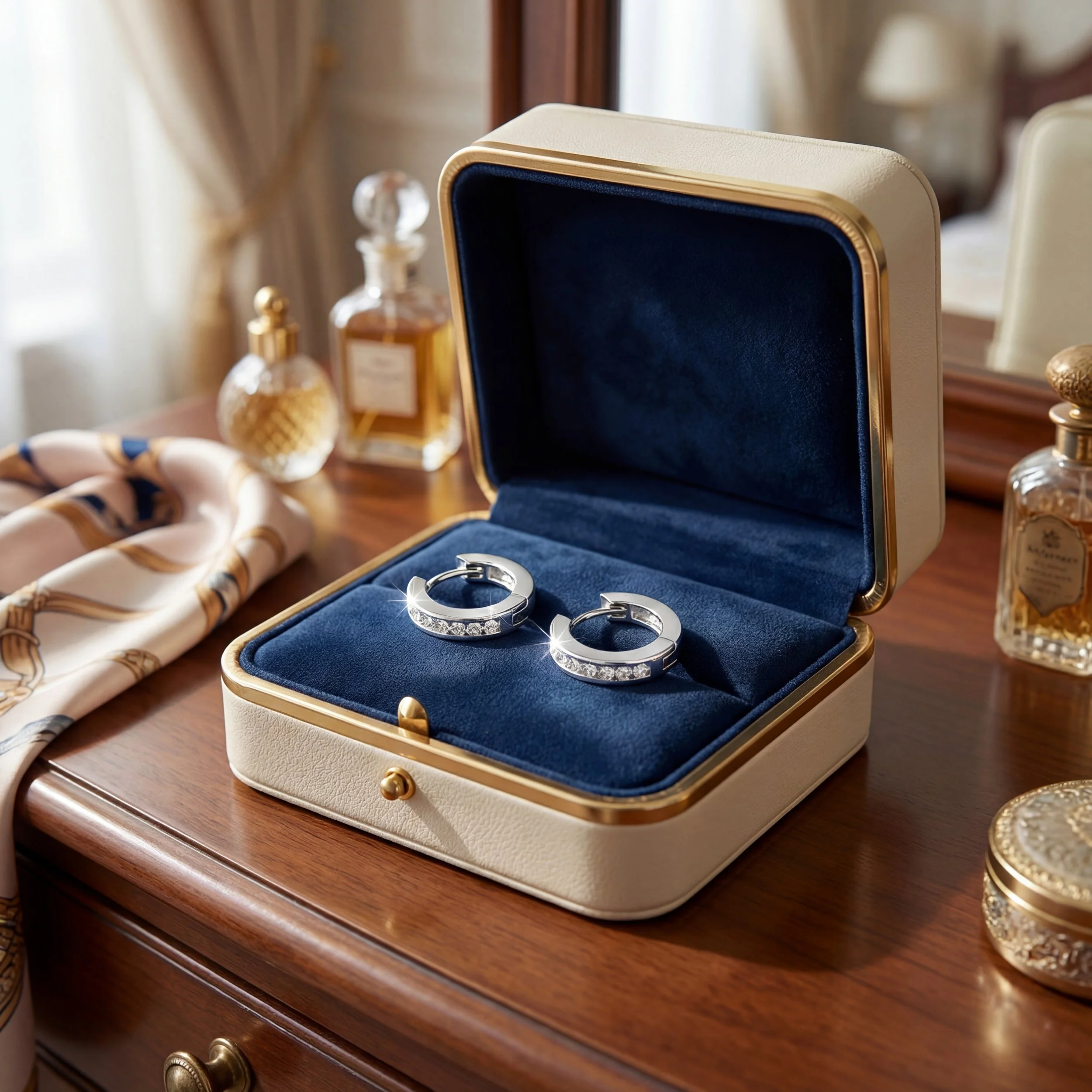 Sterling Silver Hoop Earrings with Round Cut Cubic Zirconia