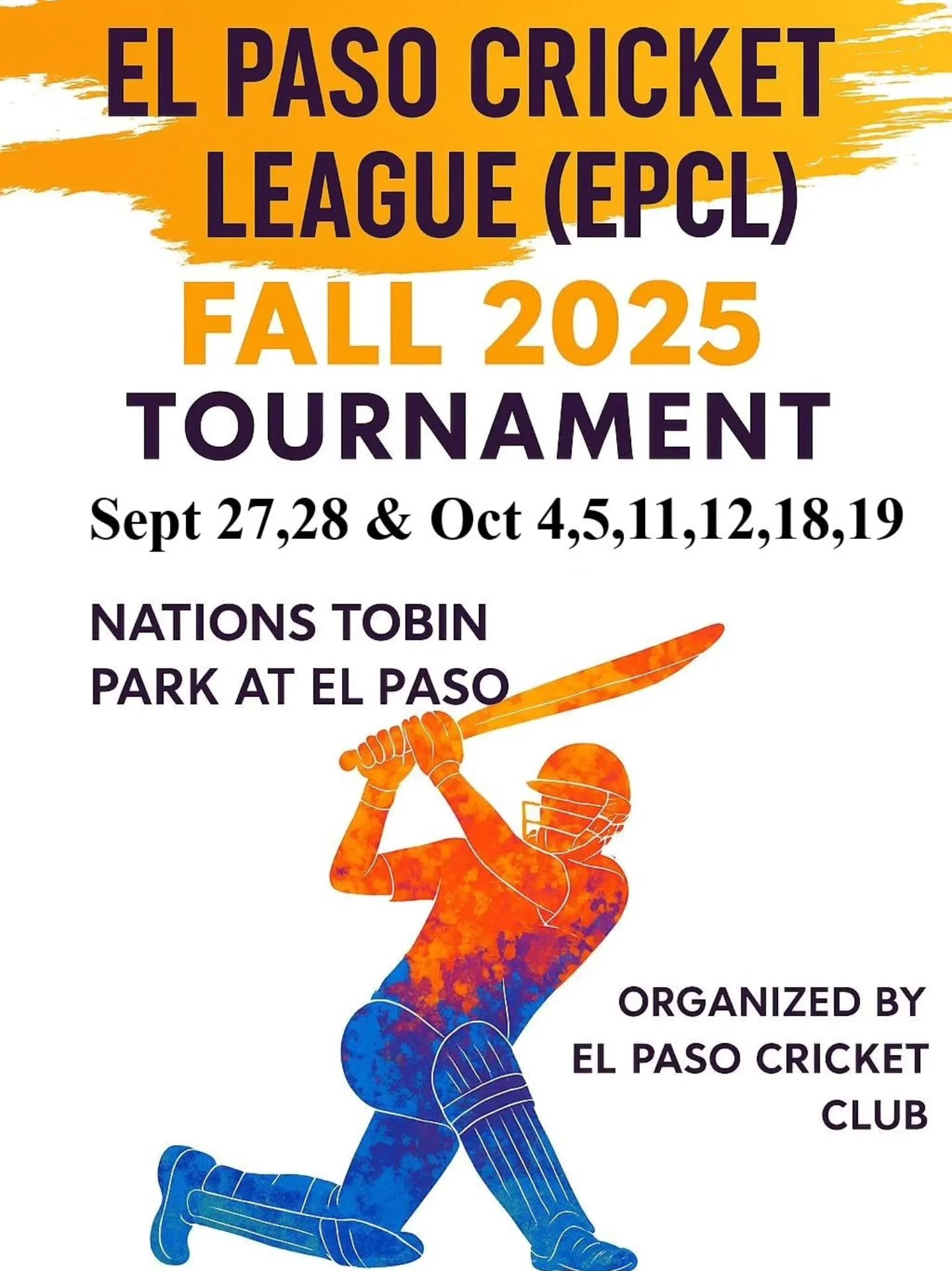 Get ready, El Paso! The Fall 2025 Cricket League kicks off Sept 27. Matches will run through October at Nations Tobin Park.

Come out, support, and enjoy some great cricket! #EPCL #EPCC #CricketEIPaso #EIPaso
