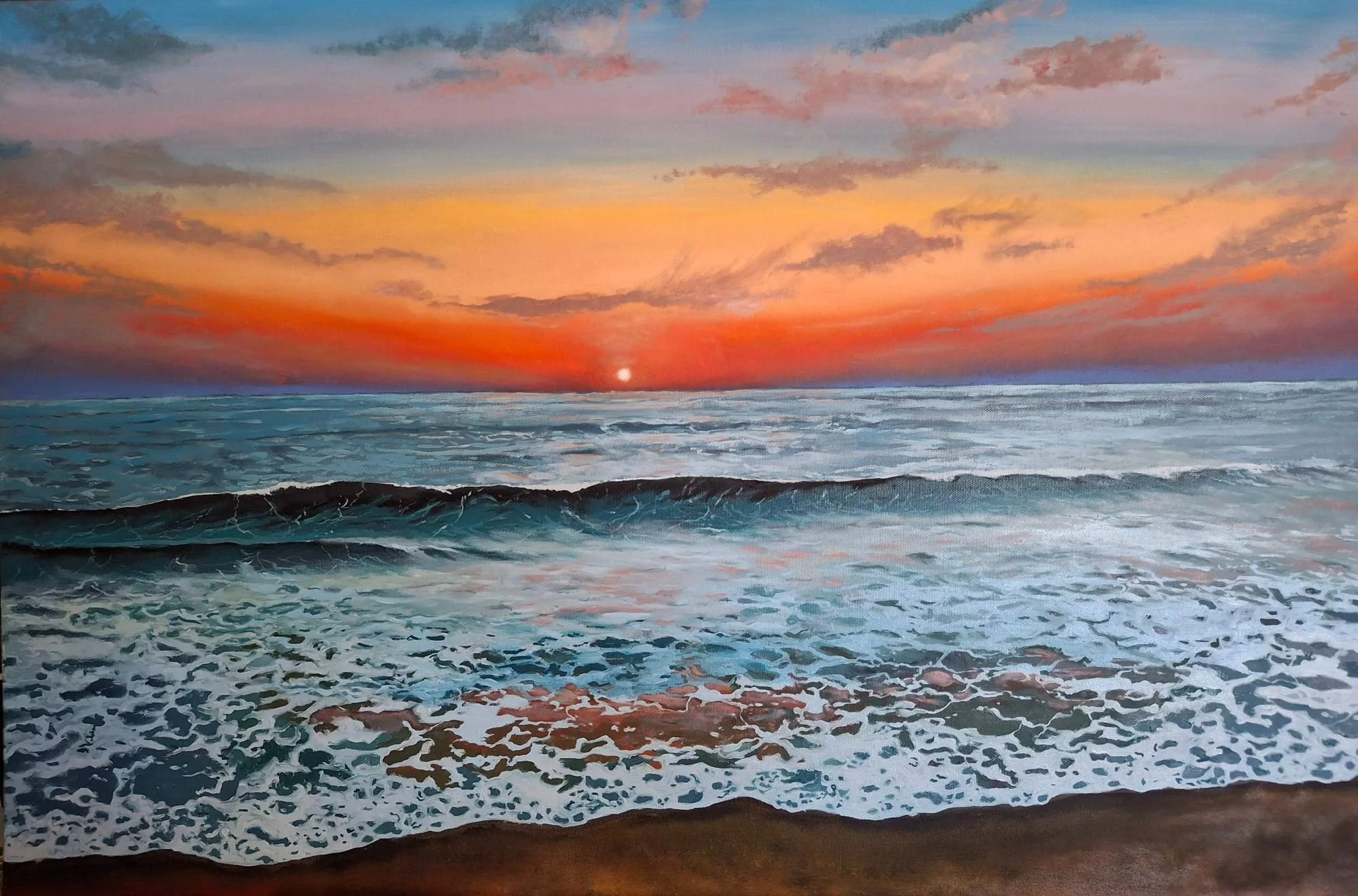 Painting of a sunset over the ocean, with colourful clouds and waves lapping onto the sandy shore.