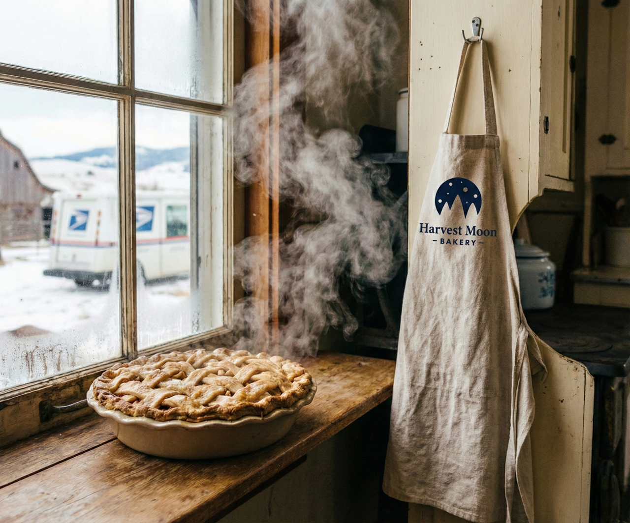 A steaming pie on a wooden windowsill in a cozy kitchen with a Harvest Moon Bakery apron hanging nearby and a snowy landscape with USPS mail truck outside the window.