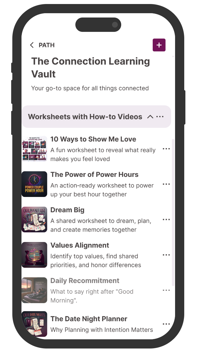 Screenshot of a mobile app displaying resources about connection and self-improvement titled 'The Connection Learning Vault', including worksheets, videos, and planning tools.