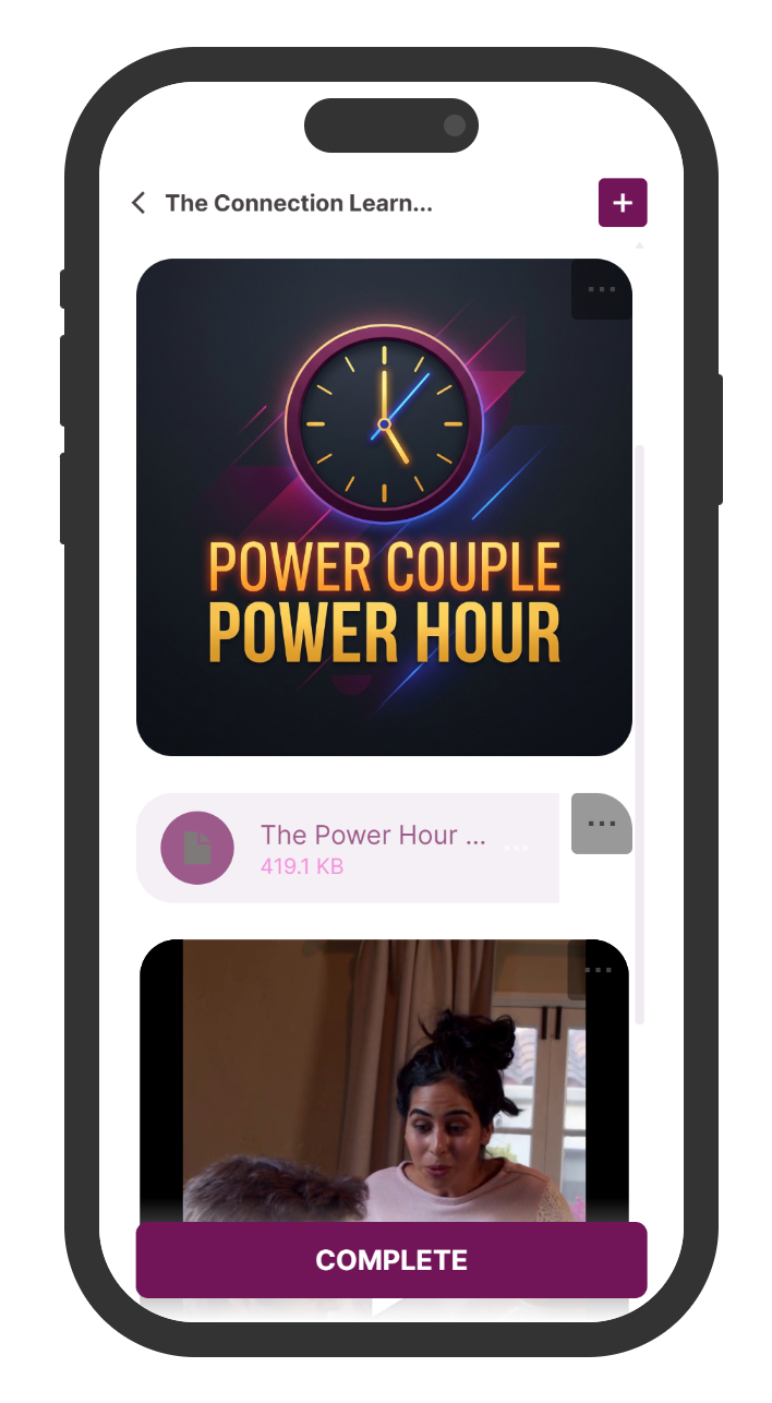 A smartphone screen displaying an app titled "The Connection Learn," with a neon clock graphic and the words "Power Couple Power Hour" in bright orange and yellow text. There are additional icons and a woman with dark hair in a bun, talking to a person.