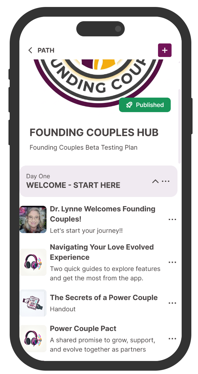 Mobile phone screen displaying the 'Founding Couples Hub' app with a list of modules, including welcome message from Dr. Lynne, navigation guide, a handout, and a pact for couples growth, all under a heading for a beta testing plan.