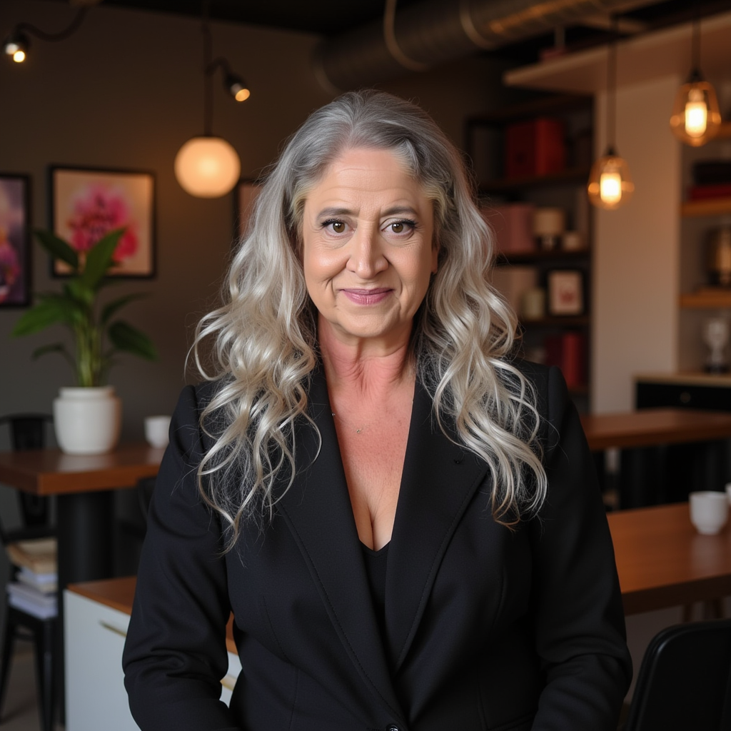 A smiling woman with long, curly gray hair wearing a black blazer, sitting in a modern, well-lit office or meeting room with wooden tables, bookshelf, and hanging pendant lights.