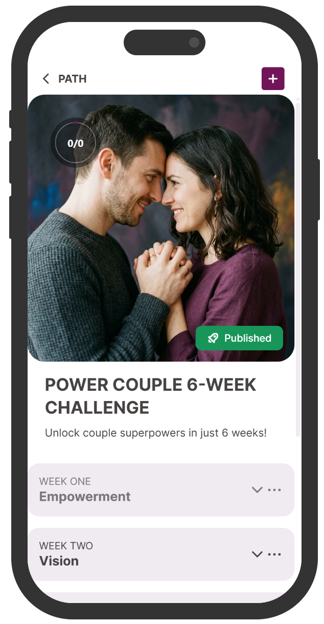 A couple touching foreheads and holding hands, smiling at each other, on a mobile app screen showcasing a 6-week couple challenge.