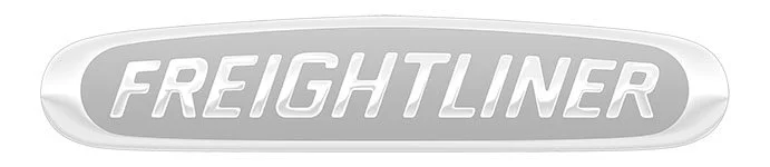 Freightliner logo with bold white letters on a metallic gray oval background.