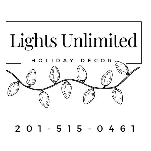 Logo for Lights Unlimited Holiday Decor with a string of holiday lights and a phone number