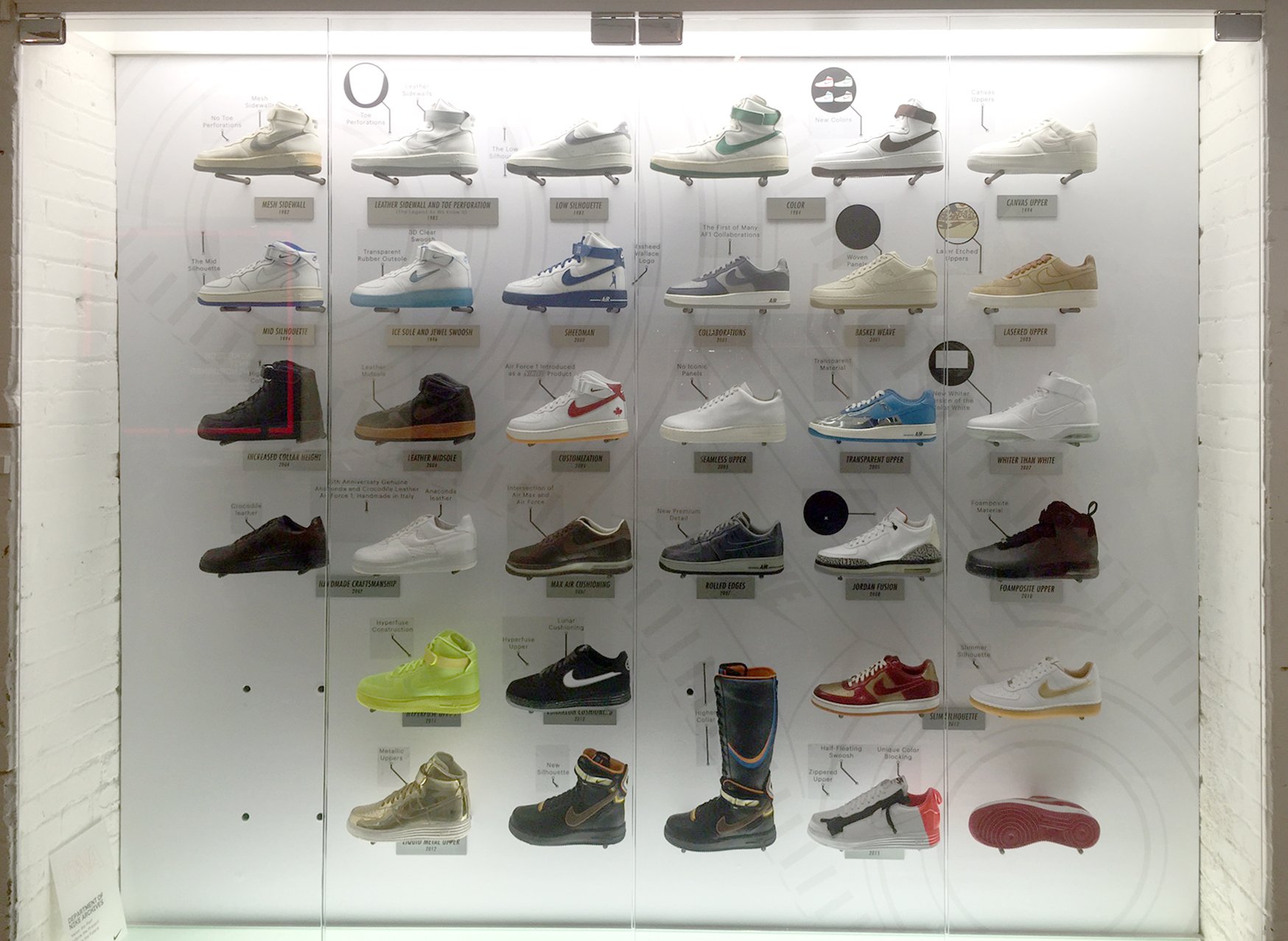 ~Display of various Nike sneakers on a transparent wall with labels and descriptions for each model.