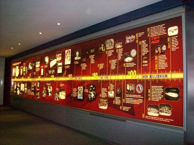 The backlit timeline sign uses translucent materials with edge-lit illumination, producing a clear and chronological visual flow that enhances historical storytelling in the exhibit space.
Project: TSN Timeline Graphics | Client: Hockey Hall of Fame