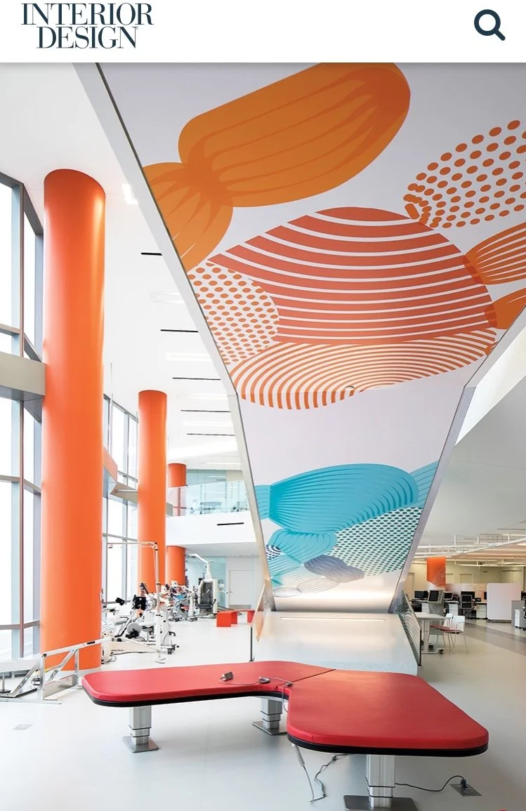 The Rehab Center Graphics feature coordinated patterns on wall and step surfaces, ensuring a unified treatment that enhances user experience with resilient, easy-to-maintain materials.
Project: Rehab Center Graphics | Client: Shirley Ryan Ability Lab