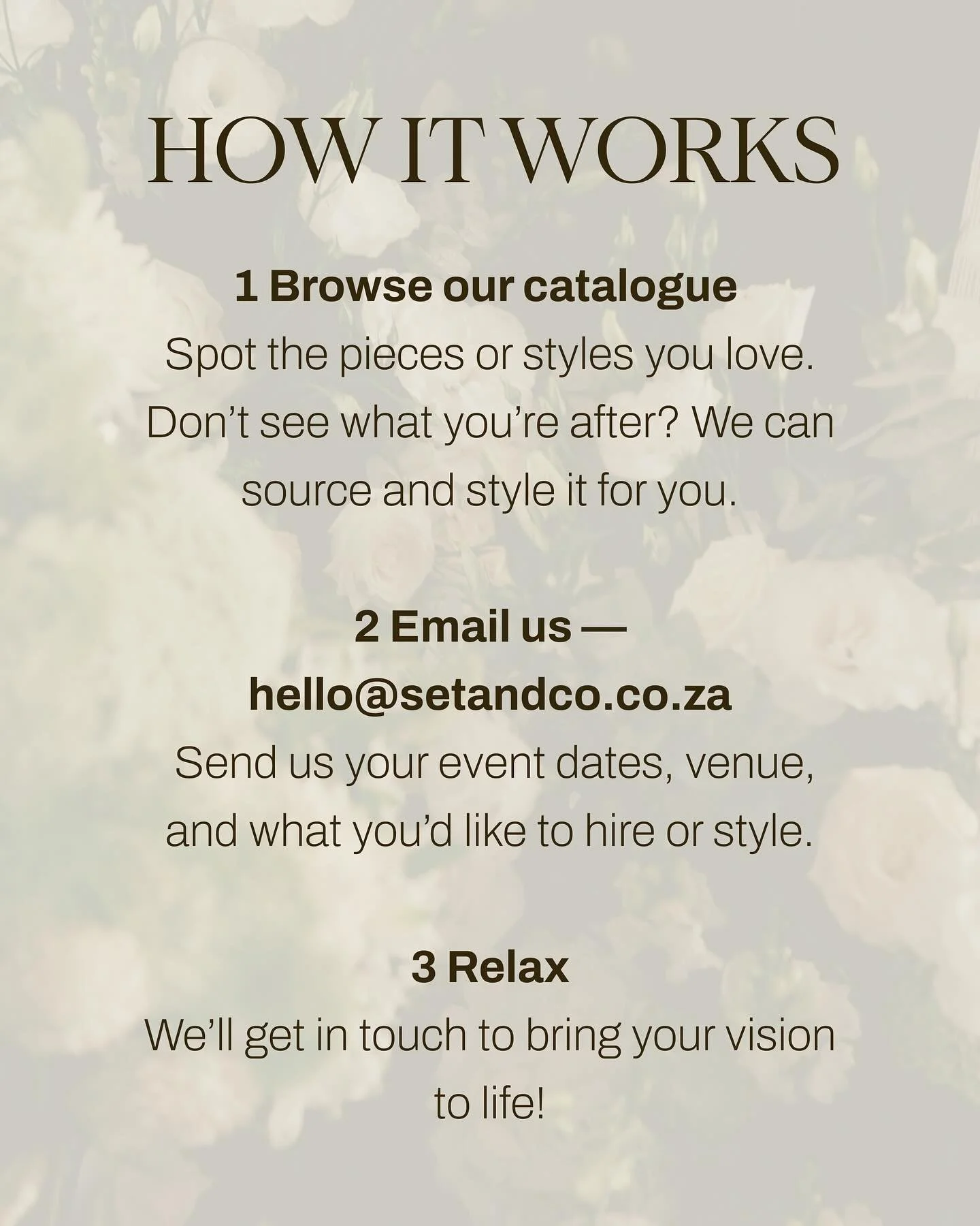 ✨ Planning an event doesn&rsquo;t need to be complicated.

Here&rsquo;s how we make it simple:
1. Browse our catalogue &amp; let us know what catches your eye (and if you don&rsquo;t see it, we can source &amp; style it).
2. Send us your event detail