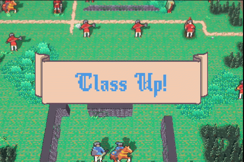 A pixelated video game screenshot with a large sign reading 'Class Up!' in front of a green field with scattered trees and characters in red and white uniforms.