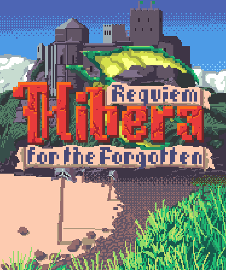 Pixel art image of a castle and greenery with the text "Hibera Requiem for the Forgotten".