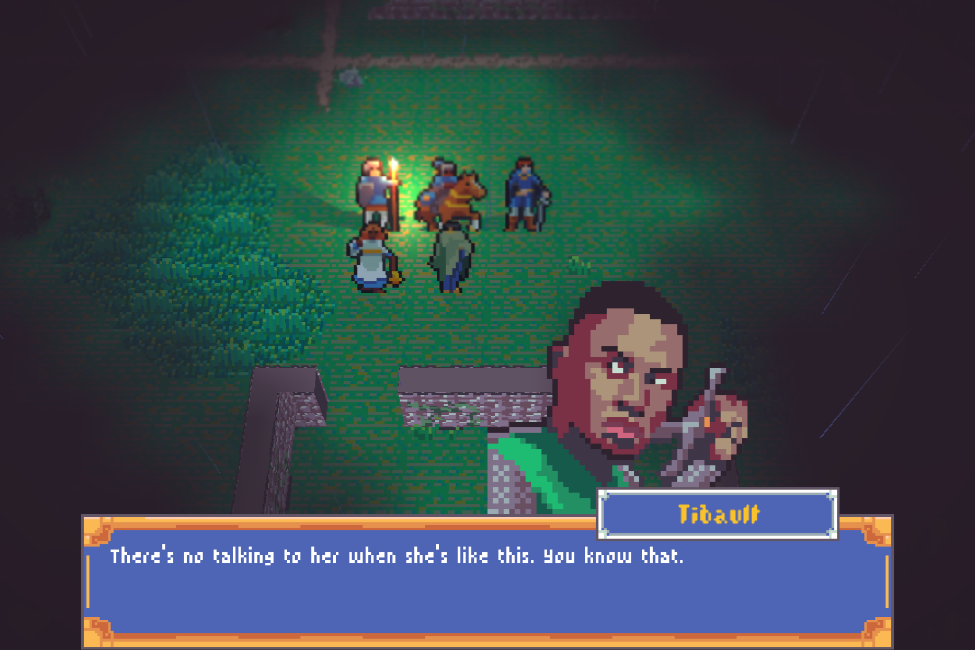 Pixel art scene from a video game showing a group of six characters standing on grass, with a large portrait of a man holding a gun in the foreground. A dialogue box reads: "There's no talking to her when she's like this. You know that."