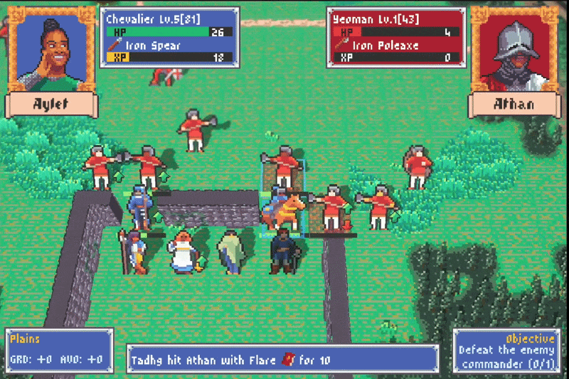 Pixel art RPG game screenshot showing a battle scene between characters Ayleet and Athan. Ayleet has 26 HP, 12 XP, and wields an iron spear; Athan has 4 HP, 0 XP, and a poleaxe. The battleground features trees, bushes, and a stone structure, with several red-clad soldiers on both sides. User interface displays health, objectives, and battle actions.