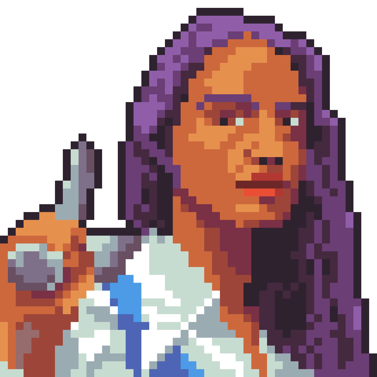 Pixel art image of a woman with purple hair holding a knife, with a confident expression.