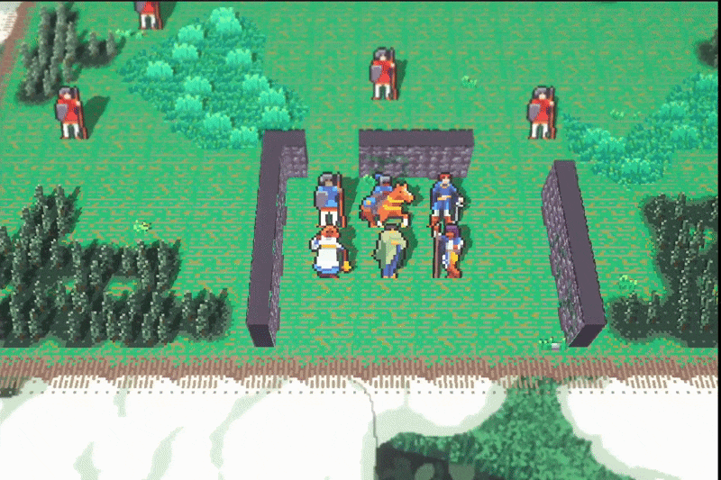 Pixel art scene of a medieval castle battleground with soldiers and a horse, and hills in the background.