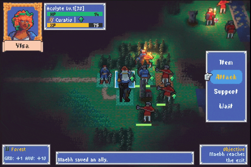 Pixel art scene from a video game depicting a battle between characters, including a blue-skinned character named Acyleta at level 3, with an interface showing options for attack, support, wait, and menu. The scene is set outdoors with characters around a campfire and forested background.