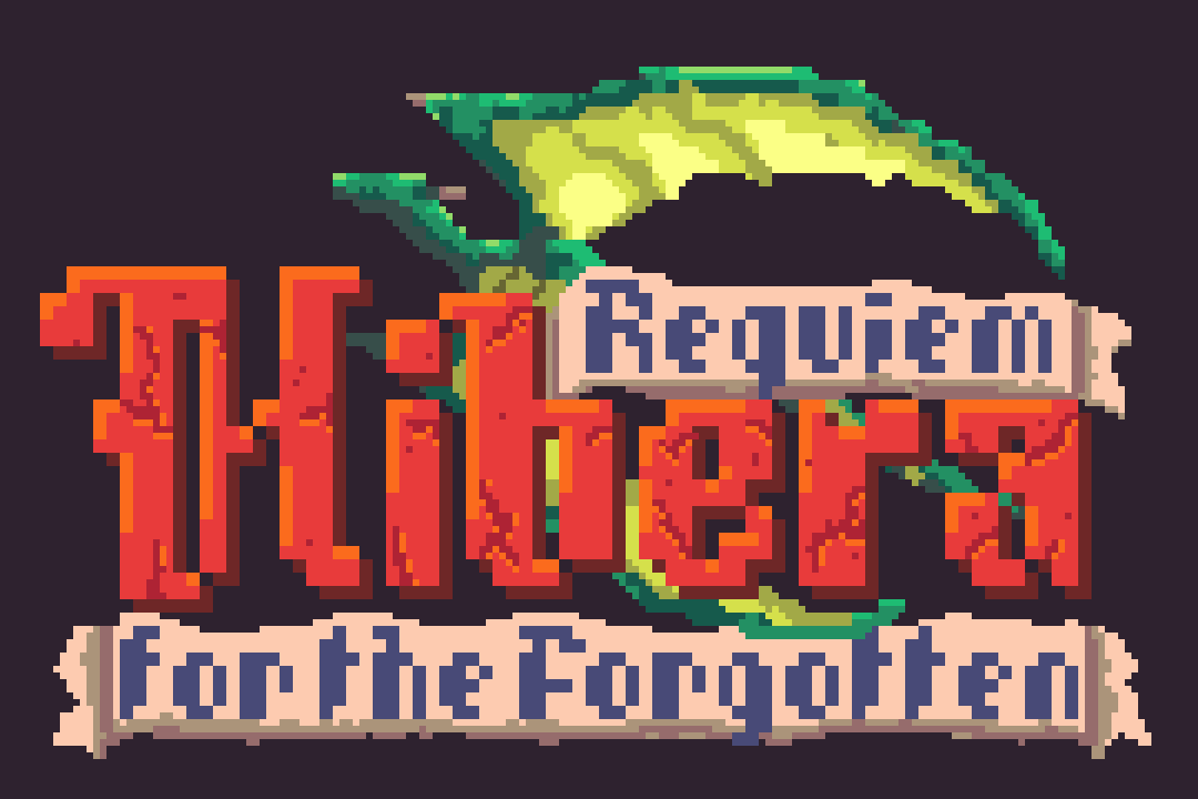 Pixelated digital image of a sign that reads "Hibera, Requiem for the Forgotten" with large red and orange letters and a green dragon background.