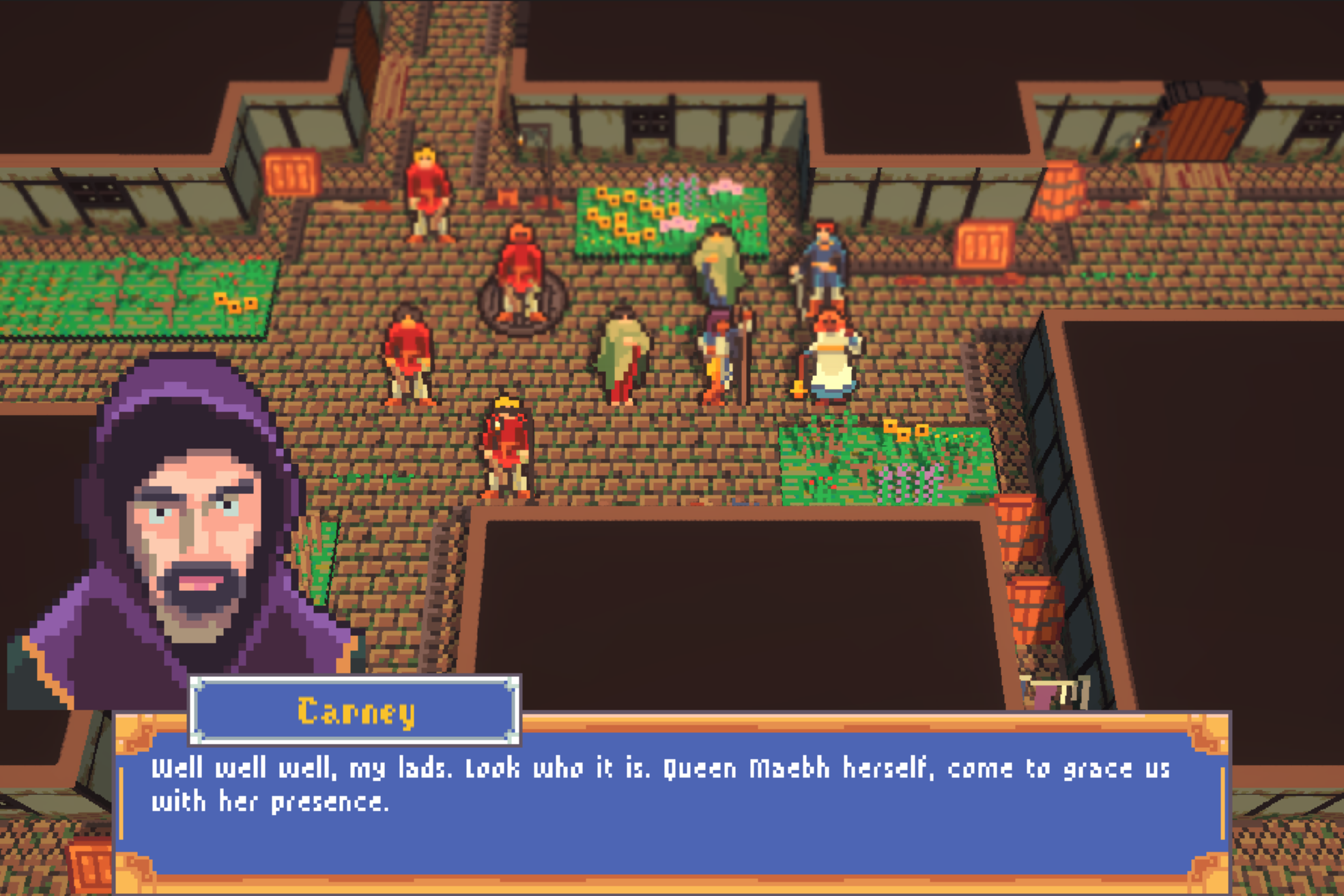 A pixel art scene from a video game showing a medieval village with cobblestone streets, garden plots, and various characters including a man named Carney. Carney is speaking in a dialogue box, mentioning Queen Maebh. The scene features characters in medieval attire and decorative elements such as lanterns and fences.