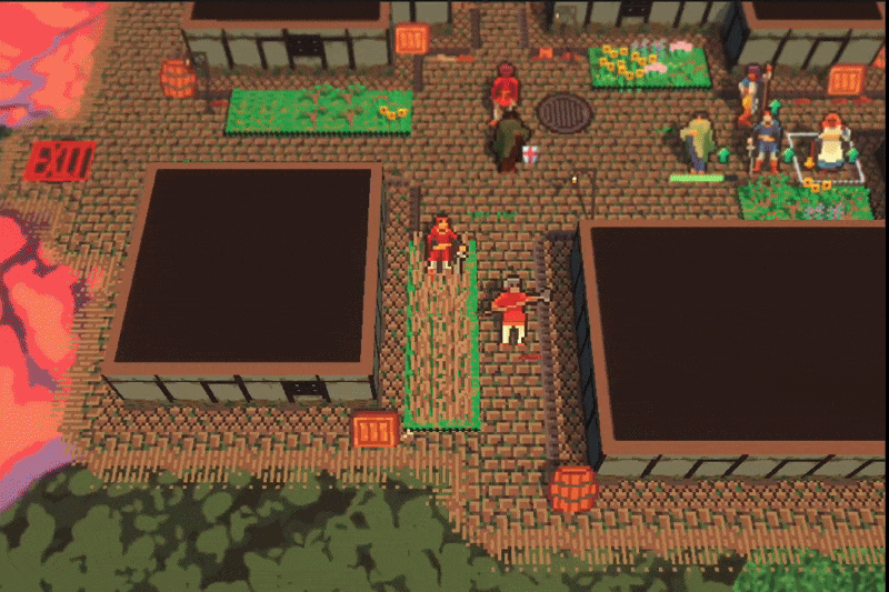 Pixel art scene showing two large buildings separated by a brick pathway, with small trees and garden plots around. Several pixelated characters are engaged in gardening or social activities.