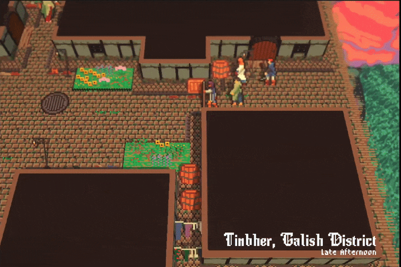 Pixel art scene of Tinbher, Talish District, showing a brick-paved street with a group of characters near a gate, two gardens, a manhole cover, and a lamppost, during late afternoon.