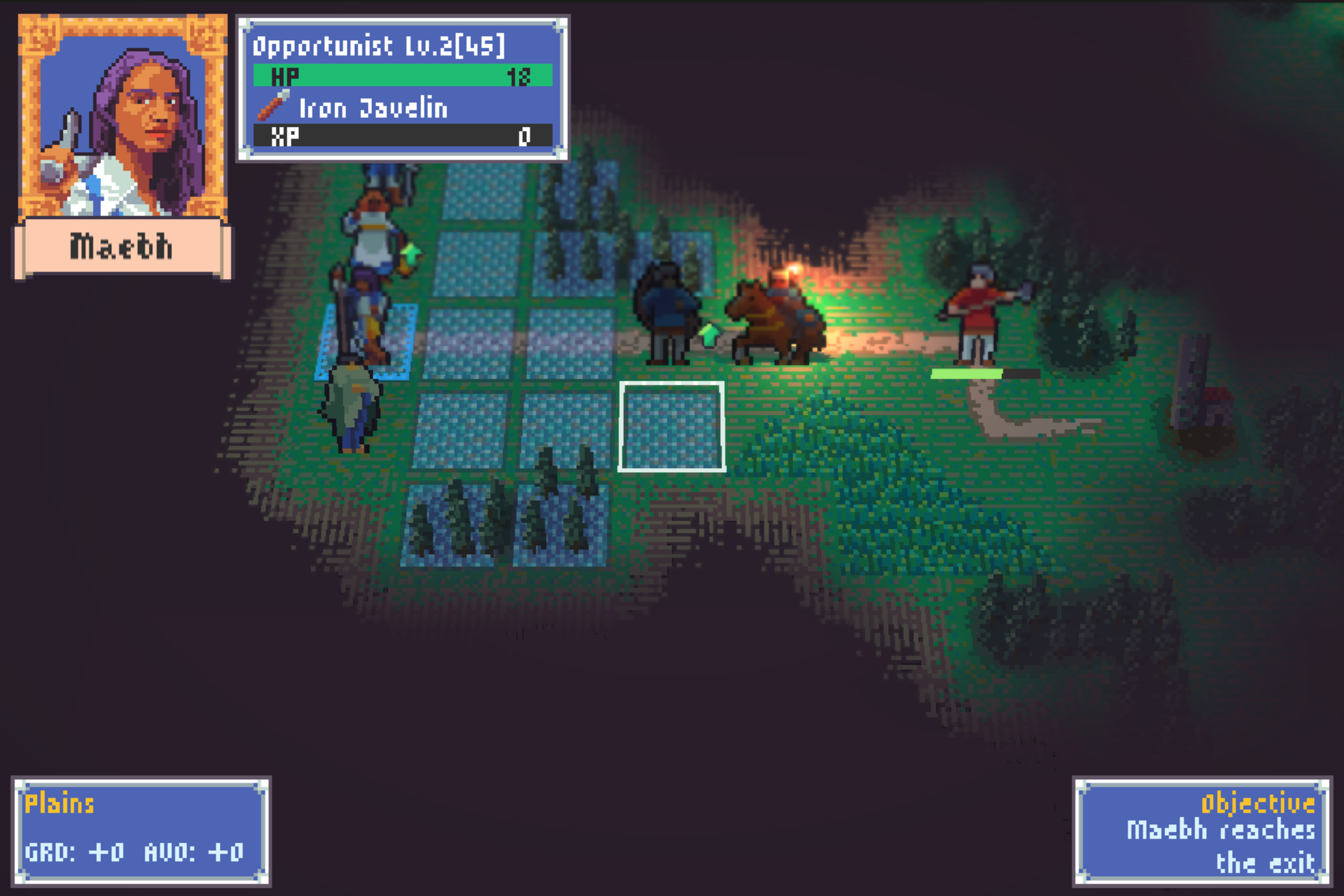Screenshot of a pixel art strategy video game showing a grid-based battlefield with characters, including a heroine, fighting enemies in a forested area at night. User interface displays character stats and objectives.
