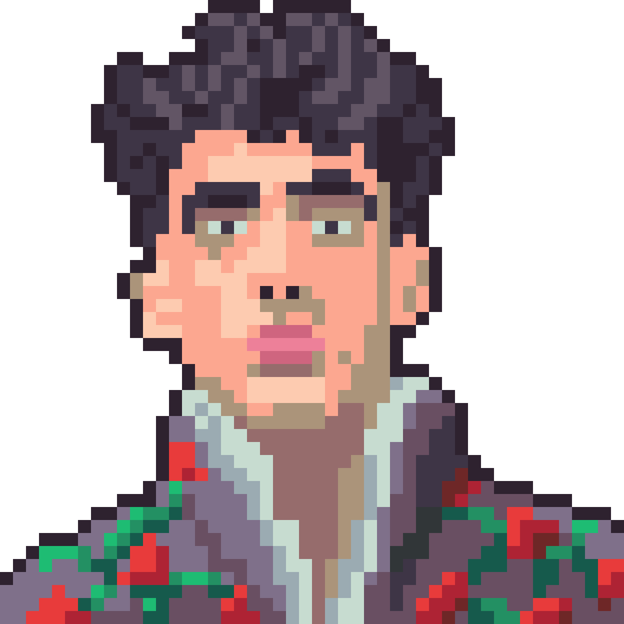 Pixel art portrait of a man with dark, wavy hair, glasses, pink lips, and wearing a jacket with floral details.