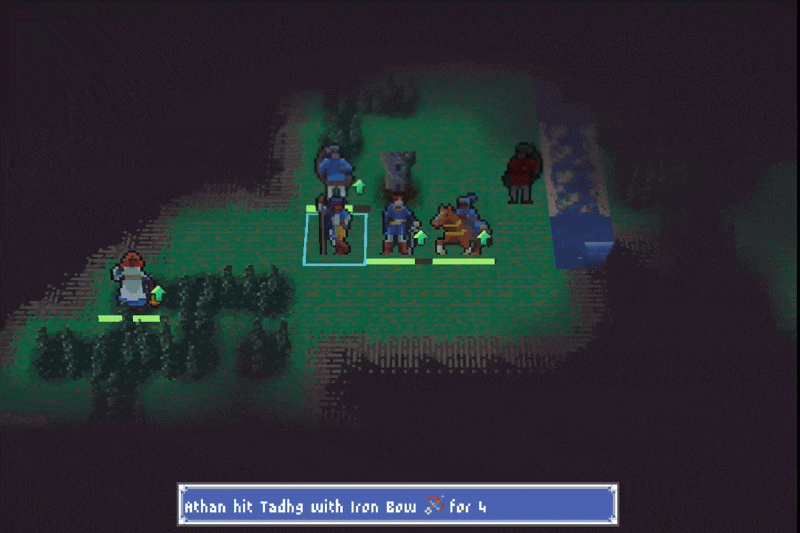 Screenshot of a retro-style turn-based strategy video game with pixel art, showing units on a grid, including soldiers, a horse, a mage, and a wizard, engaged in a battle near a forest and water.