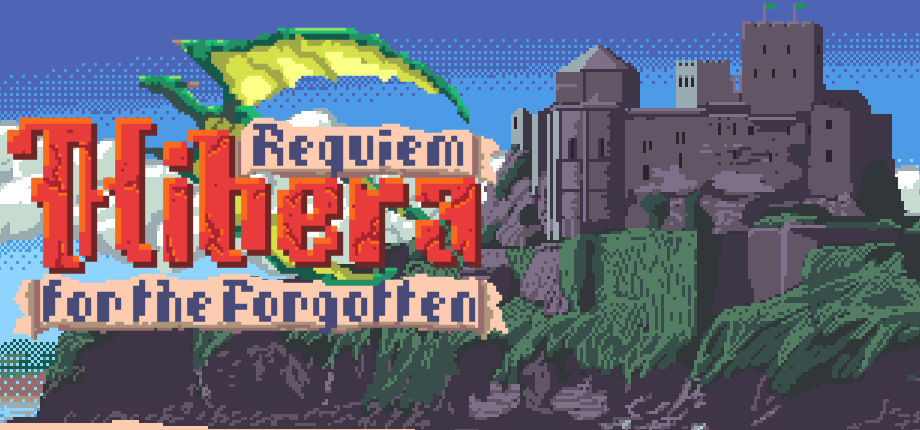 Pixel art image of a castle on a hill with green grass, a dragon, and a sign that says "Hibera Requiem for the Forgotten" in large, colorful letters.