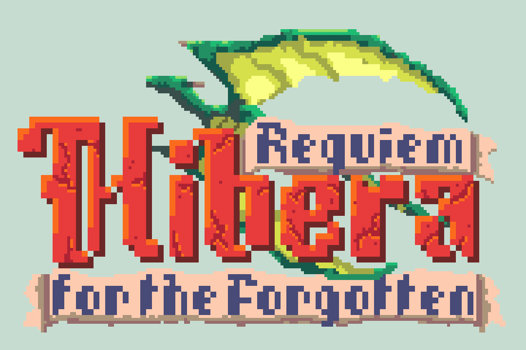 Pixelated digital image of a sign that reads "Hibera, Requiem for the Forgotten" with large red and orange letters and a green dragon background.