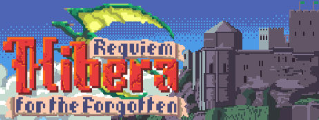 Pixel art logo for a game titled 'Hibera, Requiem For the Forgotten', featuring a castle and a green dragon in the background.