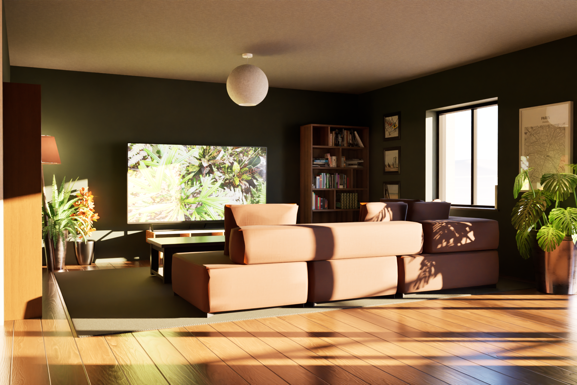 CGI Architecture Visualization of a living room with a sectional sofa, a wooden bookshelf, a TV displaying nature, plants, and sunlight coming through windows.
