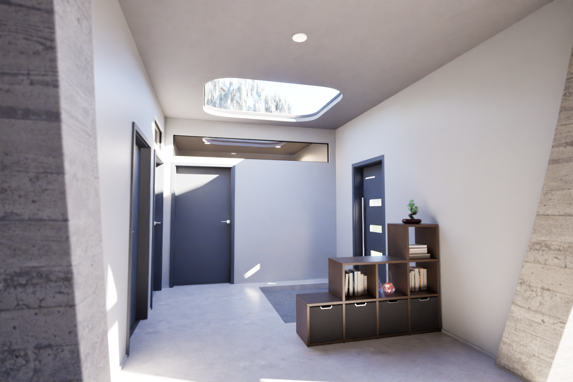 CGI Architecture Visualization of a modern interior hallway with blue doors, a small wooden bookshelf, a potted plant on top, and a skylight in the ceiling.