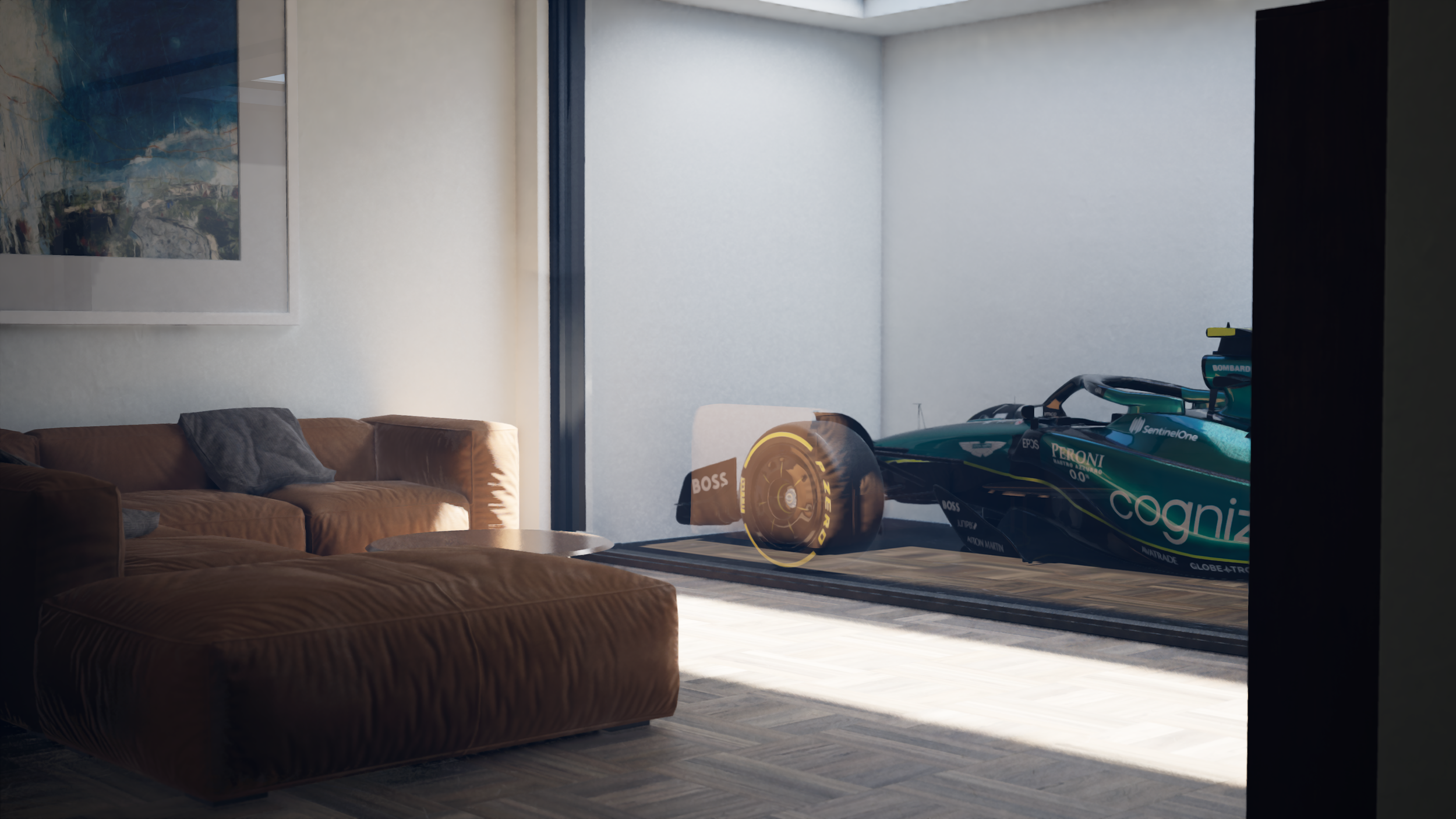 CGI Architecture Visualization of a  modern living room with a brown sofa, gray pillows, and a large window displaying a racing car parked in a display garage.