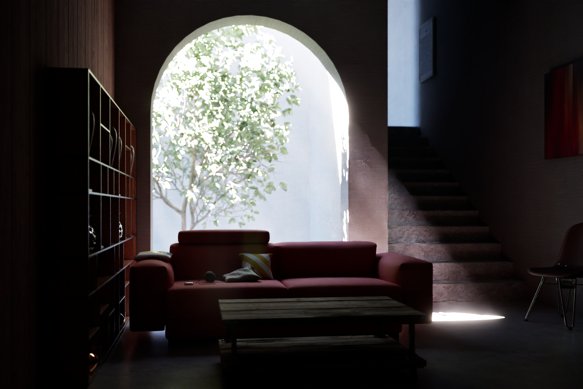 CGI Architecture Visualization of a  living room with a red sofa, a small wooden table, a dark wooden bookshelf on the left, a staircase on the right, and an arched window revealing a tree outside, allowing sunlight to spill into the room.