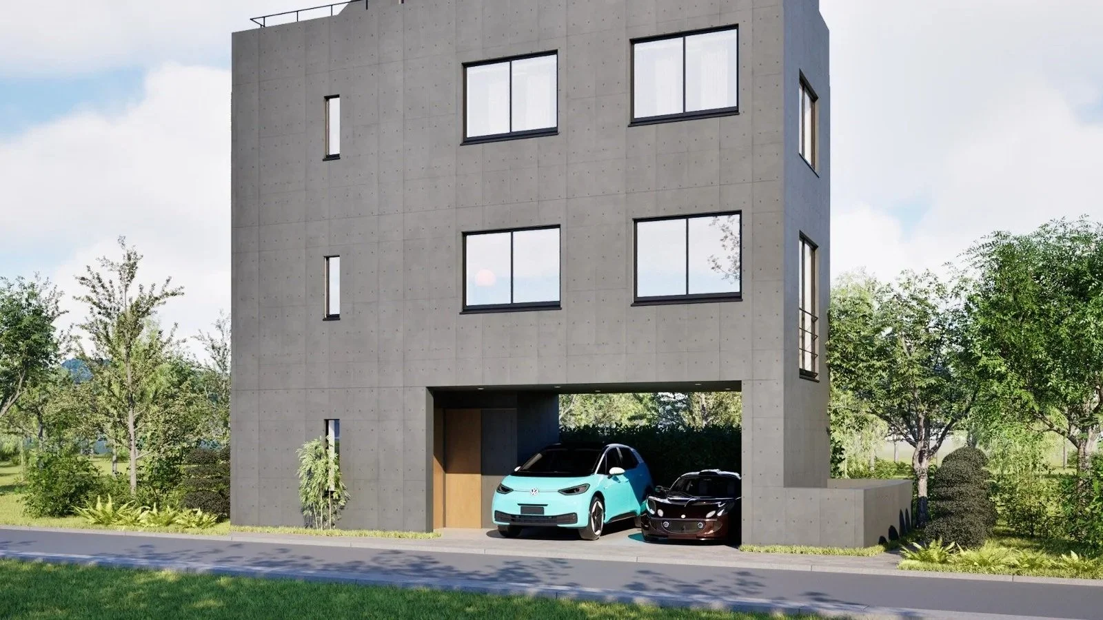 CGI Architecture Visualization of a modern gray multi-story building with a garage on the ground level, containing two parked cars and surrounded by greenery and trees. Luxury Property