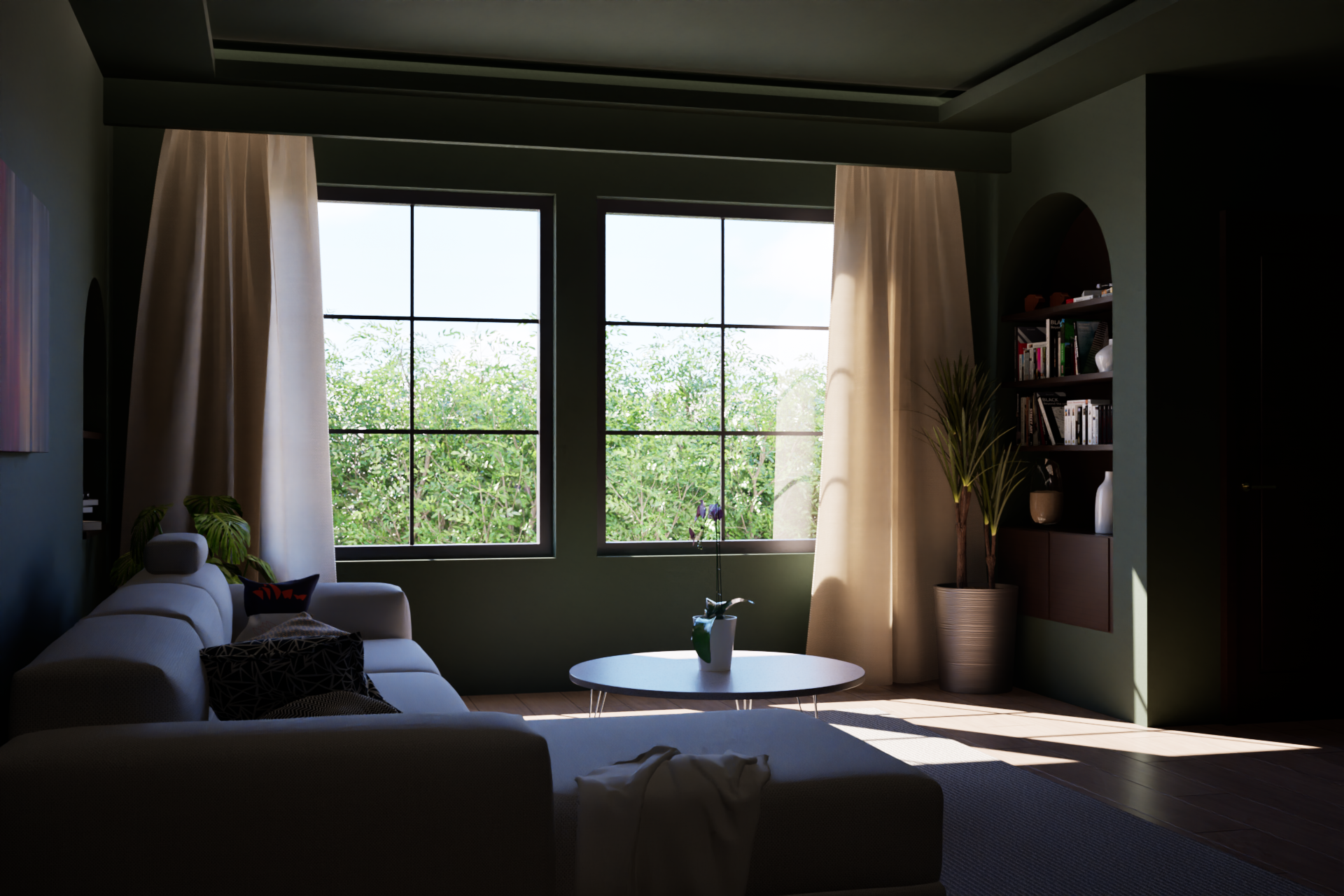 CGI Architecture Visualization of a living room with large windows, white sofa, potted plant, bookshelf, and sunlight.