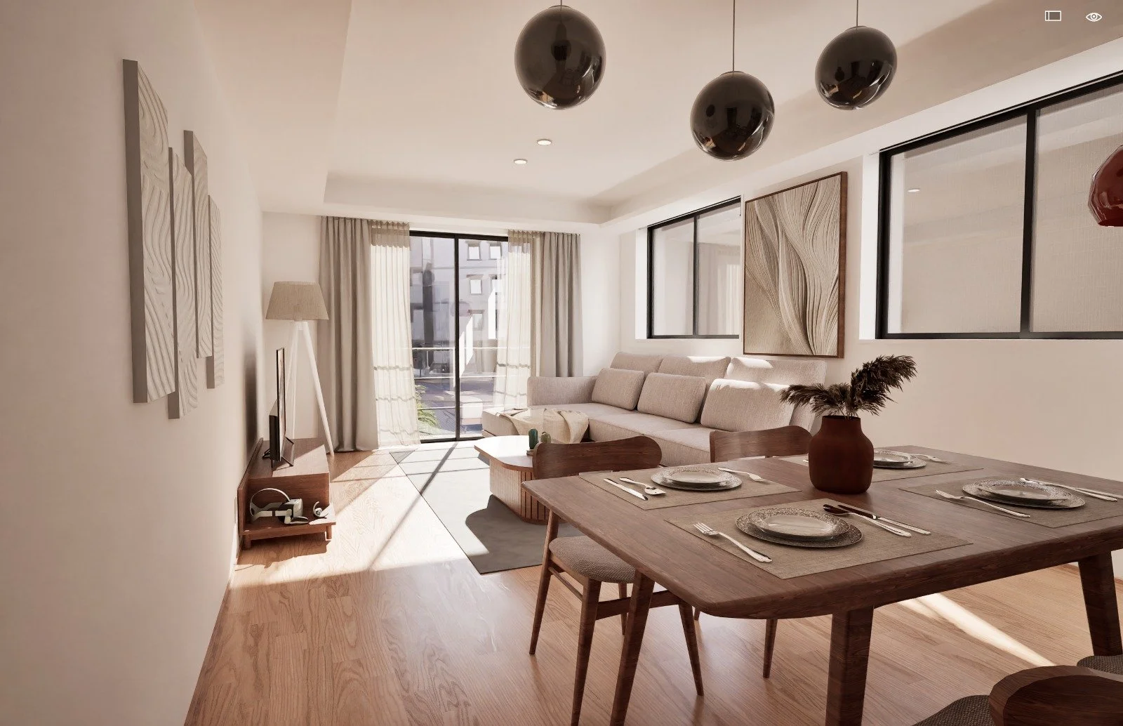 CGI Architecture Visualization of a bright living room with white walls, beige sofa, wooden dining table with plates and cutlery, potted plant, wall art, windows. Luxury Property 