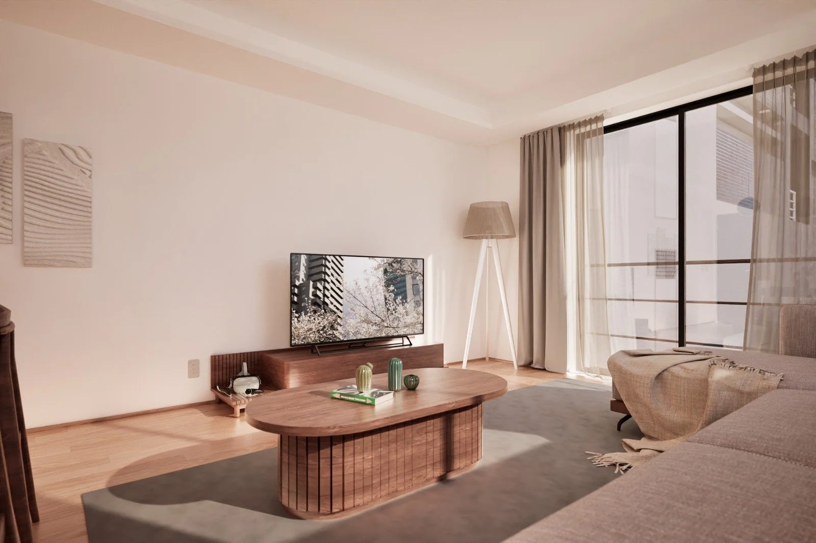 CGI Architecture Visualization of a living room with a wooden coffee table, a beige sofa, a floor lamp, a TV on a wooden stand, and large glass sliding doors with curtains leading to a balcony. Luxury Property