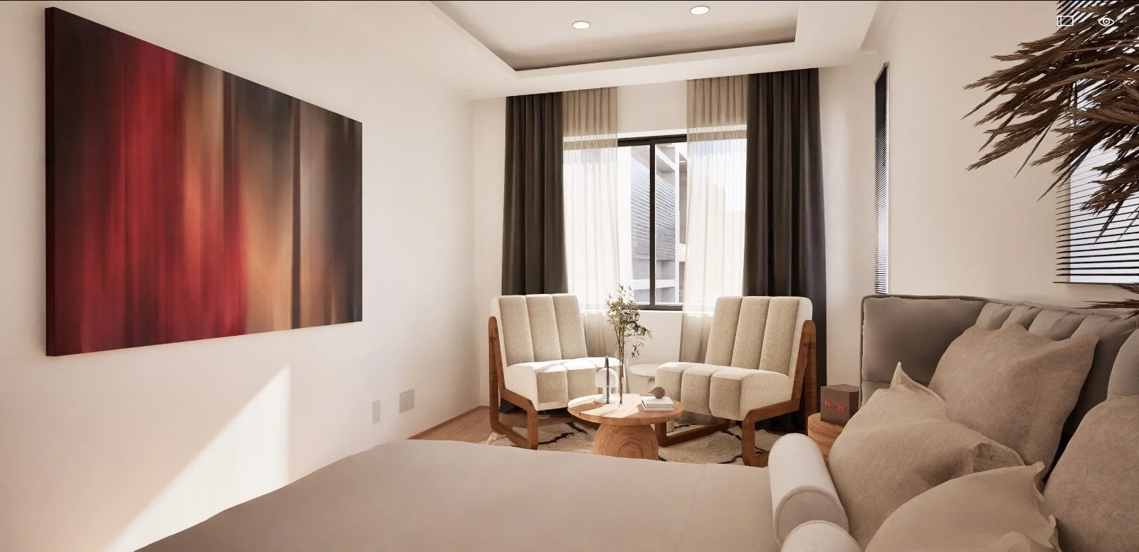 CGI Architecture Visualization of a room with beige bed, two cream armchairs around a small round wooden table, large window with sheer white and dark curtains, wall art, and a digital clock. Luxury Property