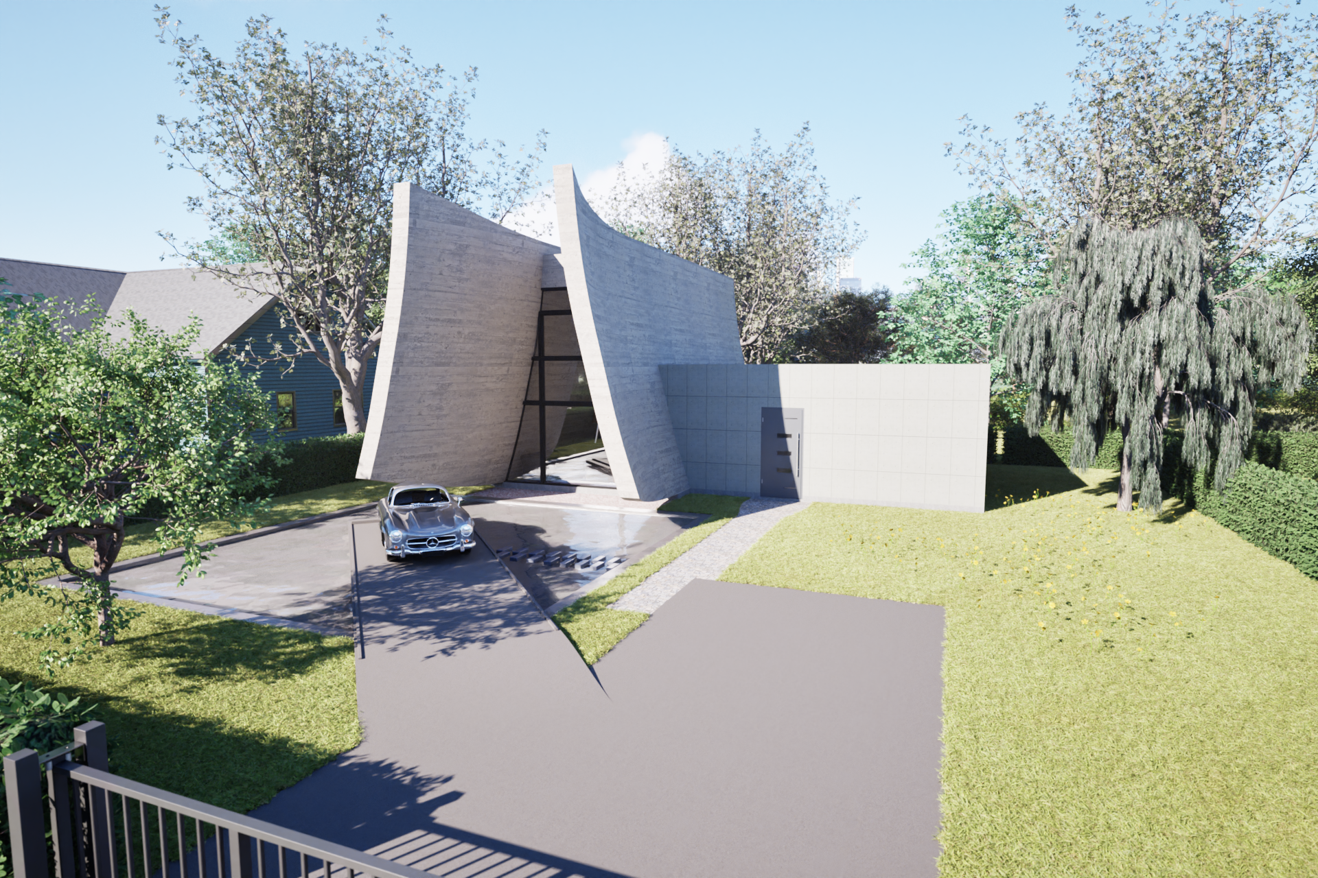 CGI Architecture Visualization of a modern architectural concrete house with curved white walls, a parking lot with a silver luxury car, surrounded by green trees and a lawn.